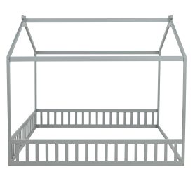 Double Twin House-Shaped Floor Bed with Safety Guardrails