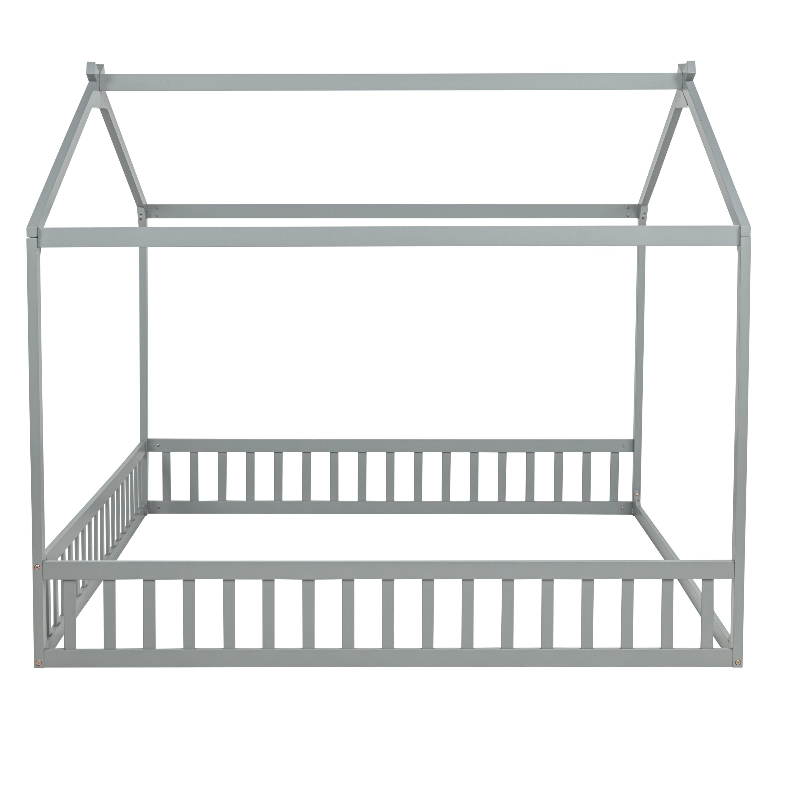 Double Twin House-Shaped Floor Bed with Safety Guardrails