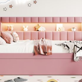 Upholstered Twin Size Platform Bed with Trundle, USB Ports and LED Belt