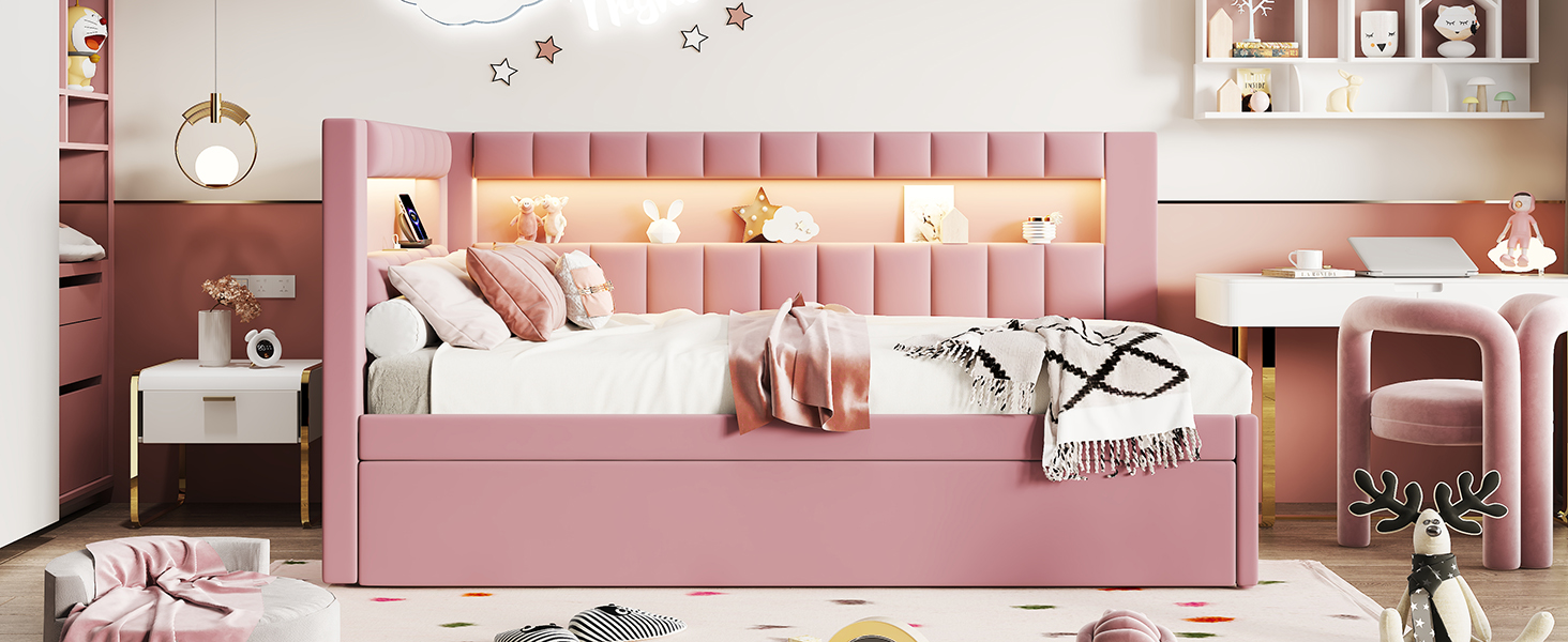 Upholstered Twin Size Platform Bed with Trundle, USB Ports and LED Belt