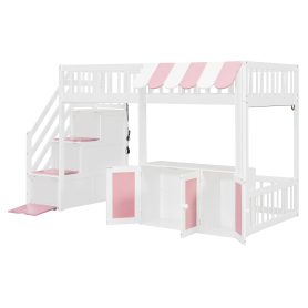 Twin Size Loft Bed with Storage Steps, LED Light, Under Bed Cabinets