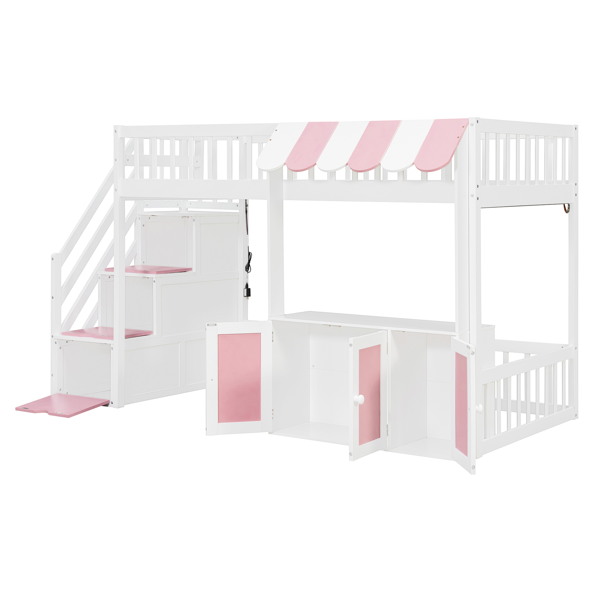 Twin Size Loft Bed with Storage Steps, LED Light, Under Bed Cabinets