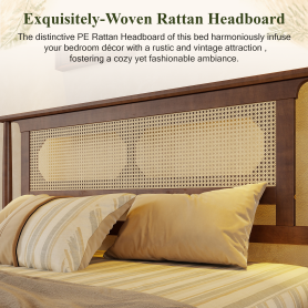 Queen Size Solid Wooden Bed with Rattan Headboard