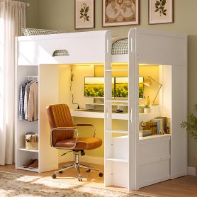 Twin Size Solid Wood Loft Bed With L-Shaped Desk, Storage Cabinet and Wardrobe
