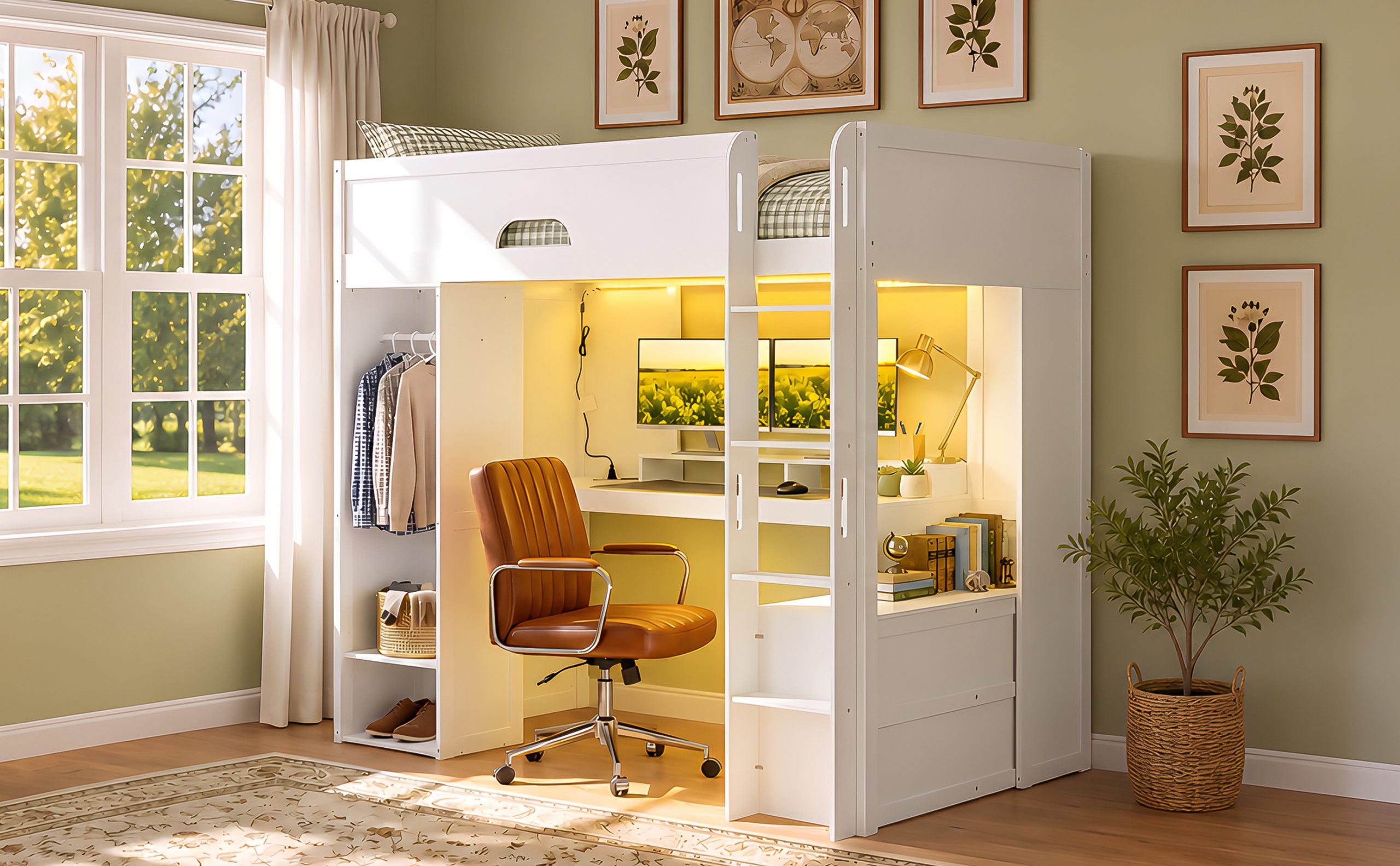 Twin Size Solid Wood Loft Bed With L-Shaped Desk, Storage Cabinet and Wardrobe