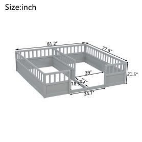 Double Pine Wood Twin Floor Bed with Semi-Enclosed Safety Guardrails, Open Entrance