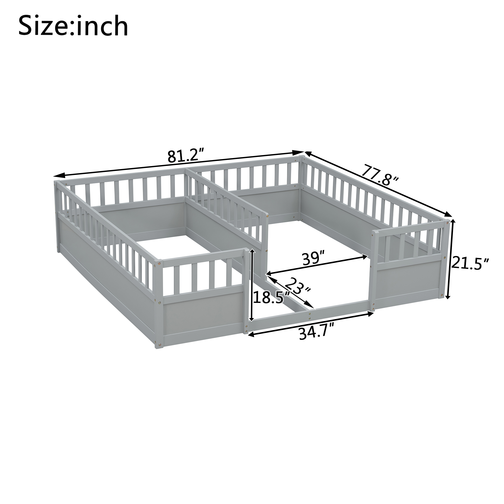 Double Pine Wood Twin Floor Bed with Semi-Enclosed Safety Guardrails, Open Entrance