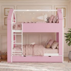 Twin Over Twin House Bed with Storage Drawers & Shelves
