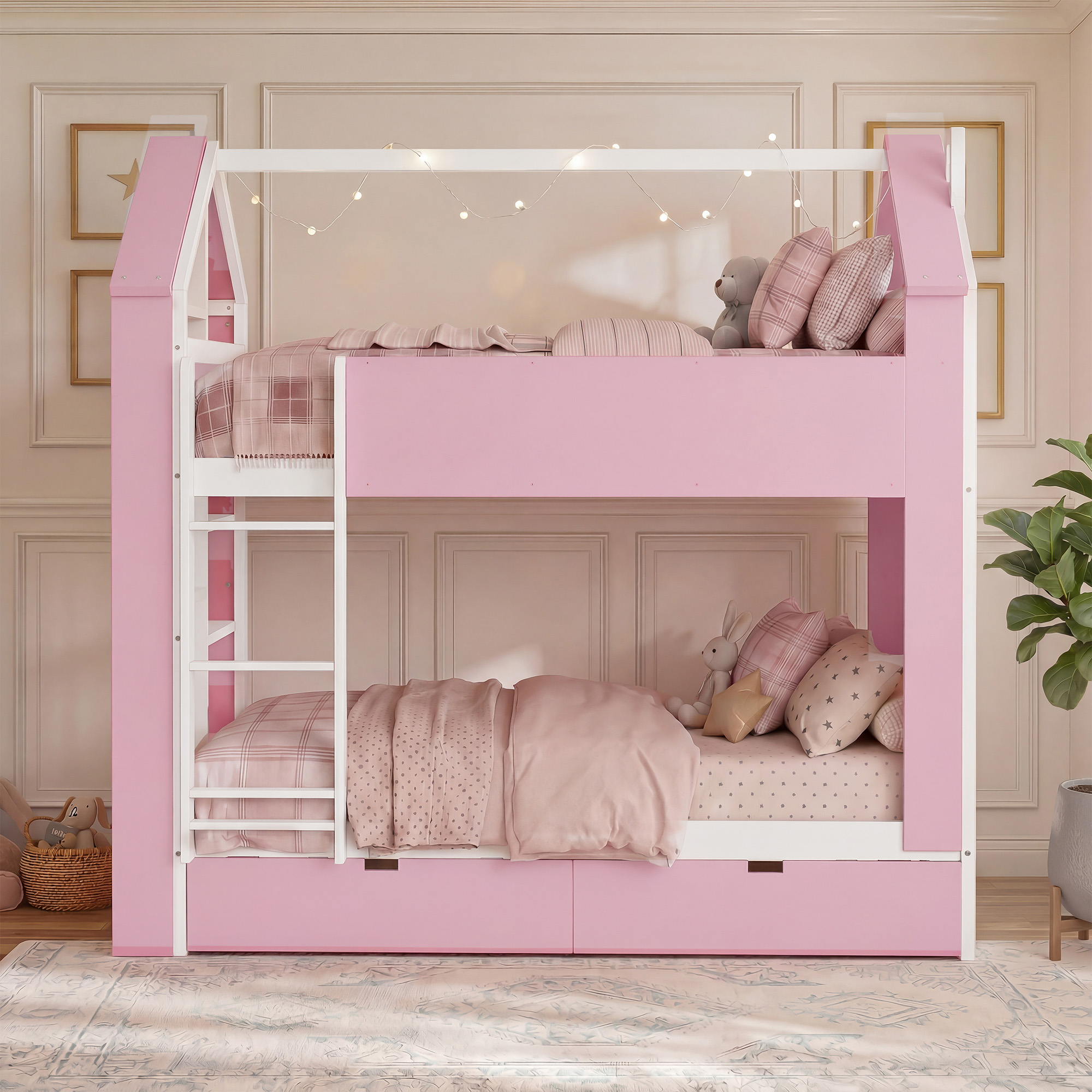 Twin Over Twin House Bed with Storage Drawers & Shelves