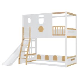 Twin Size Kids Loft Bed With Slide, Storage Shelves And Guardrails