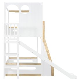 Twin Size Kids Loft Bed With Slide, Storage Shelves And Guardrails