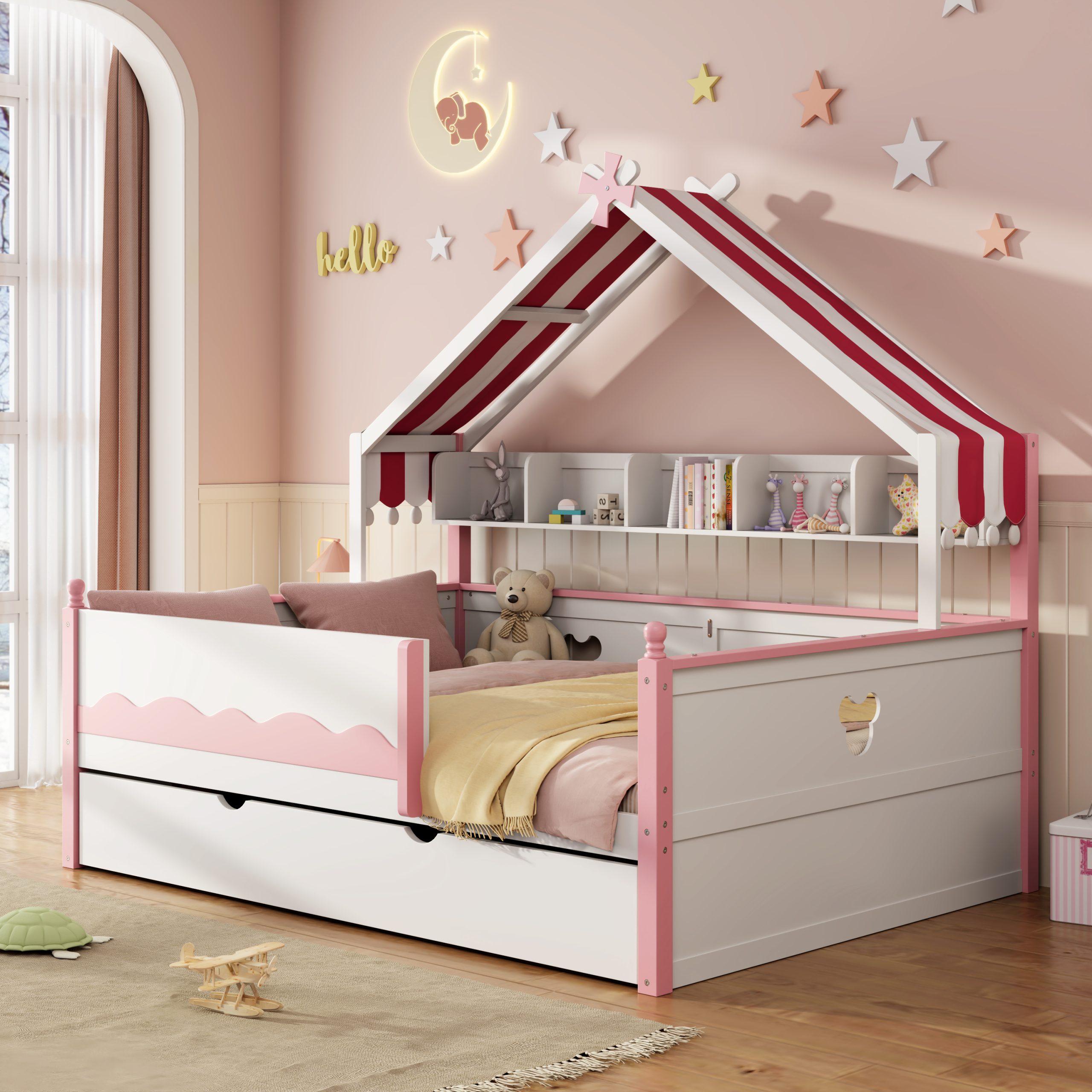 Full Size House-Shaped Daybed with Built-In Bookshelf and Trundle