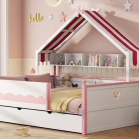Full Size House-Shaped Daybed with Built-In Bookshelf and Trundle