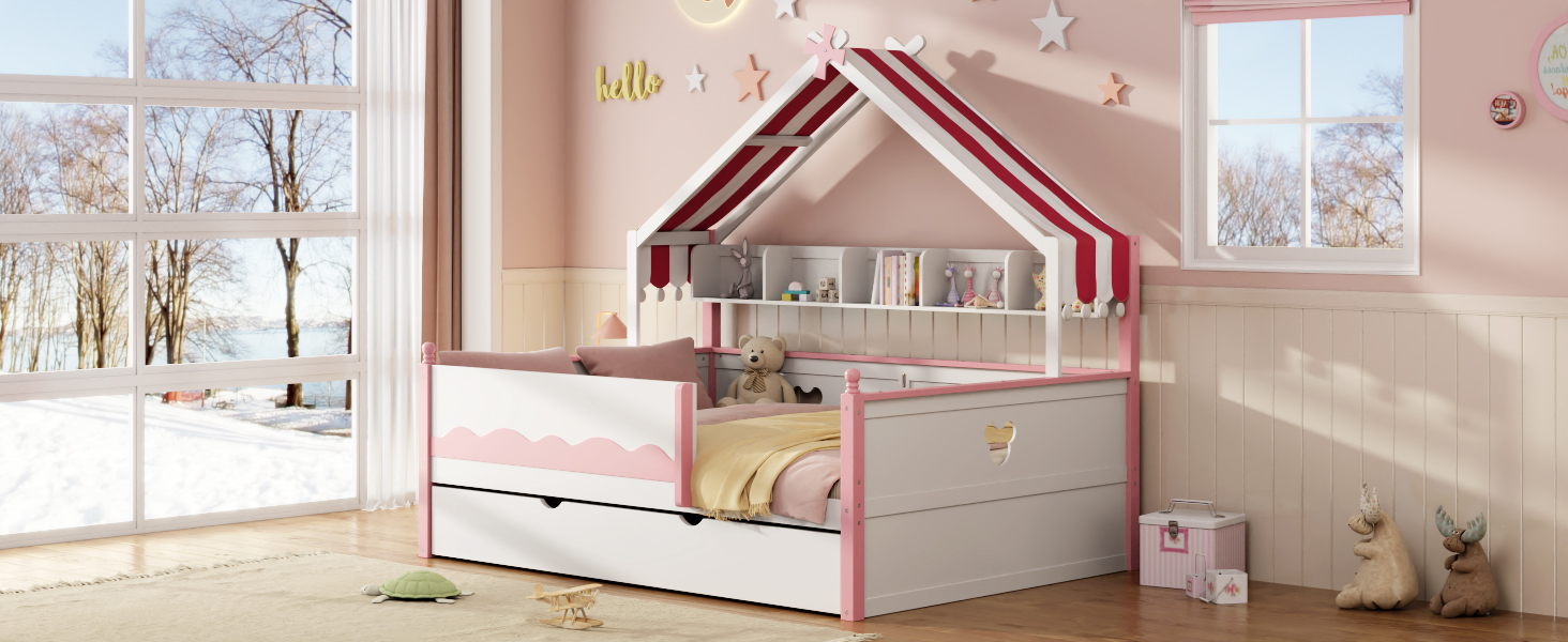 Full Size House-Shaped Daybed with Built-In Bookshelf and Trundle