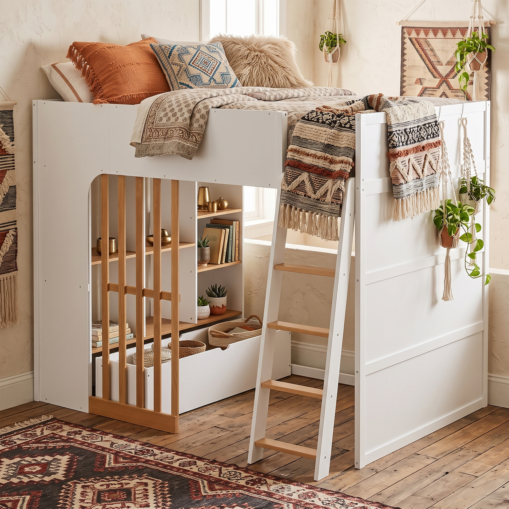 Full Size Wooden High Sleeper Loft Bed with Ladder and Storage Shelves
