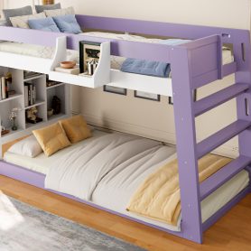 Twin Over Twin XL Bunk Bed with Storage Shelves & Guardrail Storage Basket
