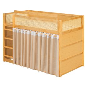 Twin Size Bunk Bed with 3-Tier Storage Shelf, Rattan Decor, Privacy Curtains & Lights