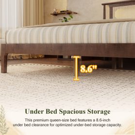 Queen Size Solid Wooden Bed with Rattan Headboard