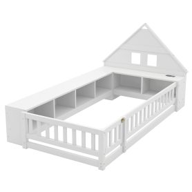 Twin Size Wood Floor Bed With Guardrail,  Storage Cabinets, LED, USB Port & Plug Outlets
