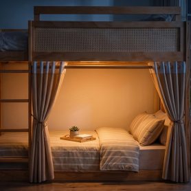 Twin Size Bunk Bed with 3-Tier Storage Shelf, Rattan Decor, Privacy Curtains & Lights