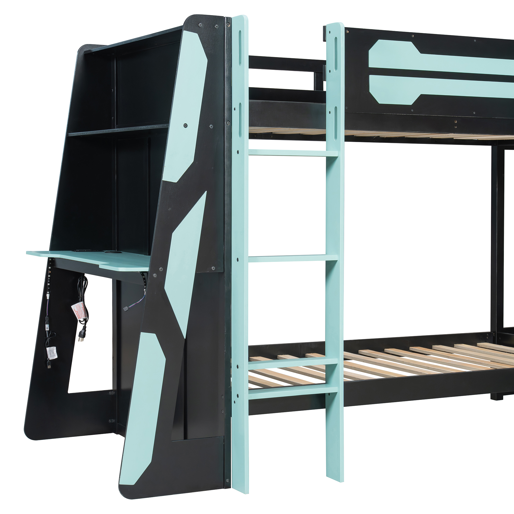 L-Shaped Wooden Twin Size Gaming Bed Frame with RGB LED Lights, USB Ports, TV Stand & Storage Shelves