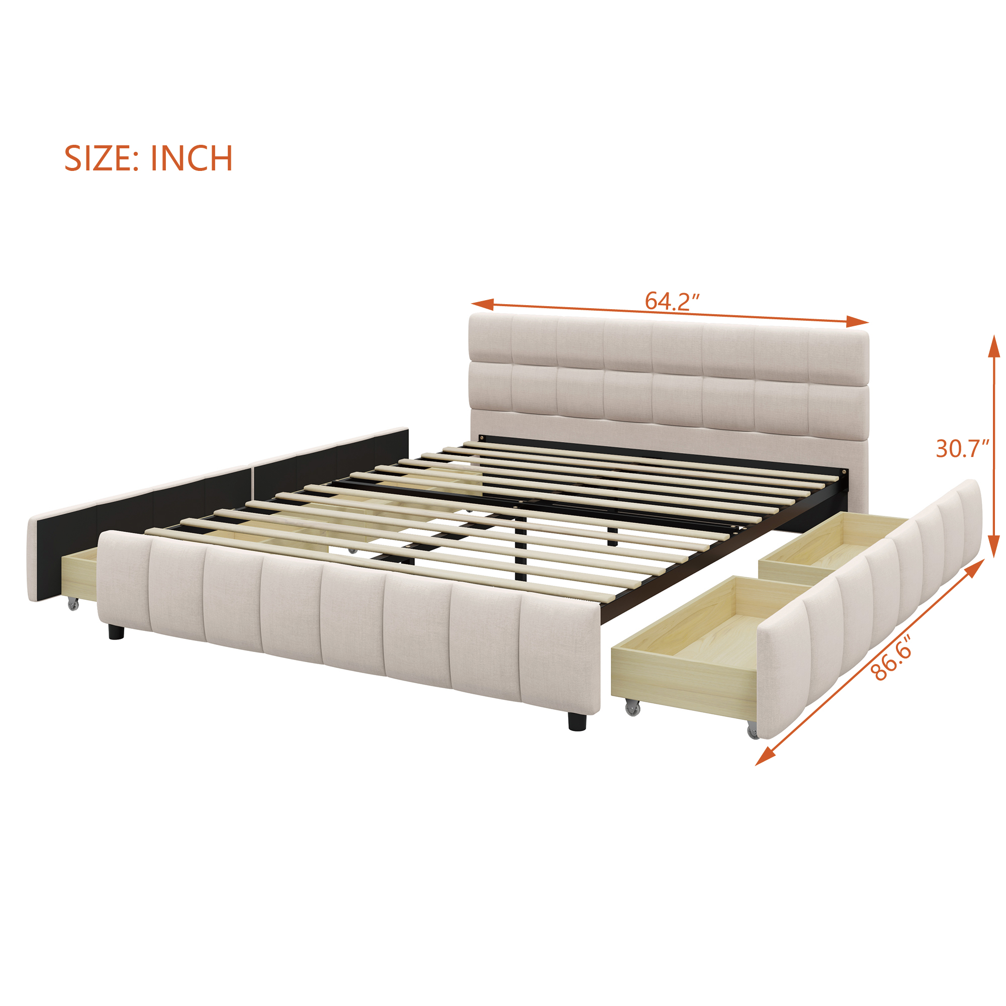 Queen Size Upholstered Platform Bed Frame with 4 Storage Drawers