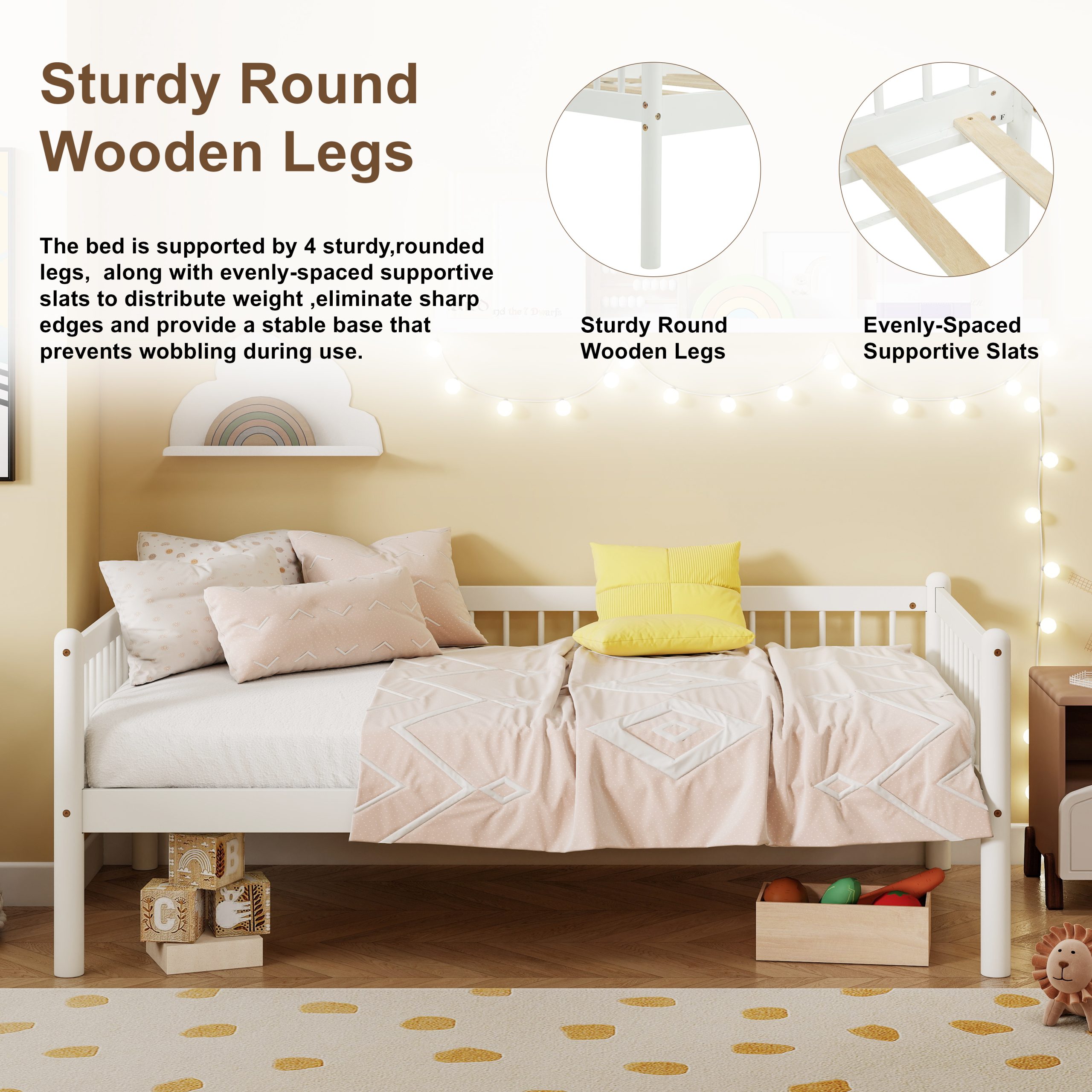 Twin Pine Wood Daybed With 3-Side Guardrails & 10 Support Slats