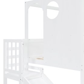 Twin Size Kids Loft Bed With Slide, Storage Shelves And Guardrails
