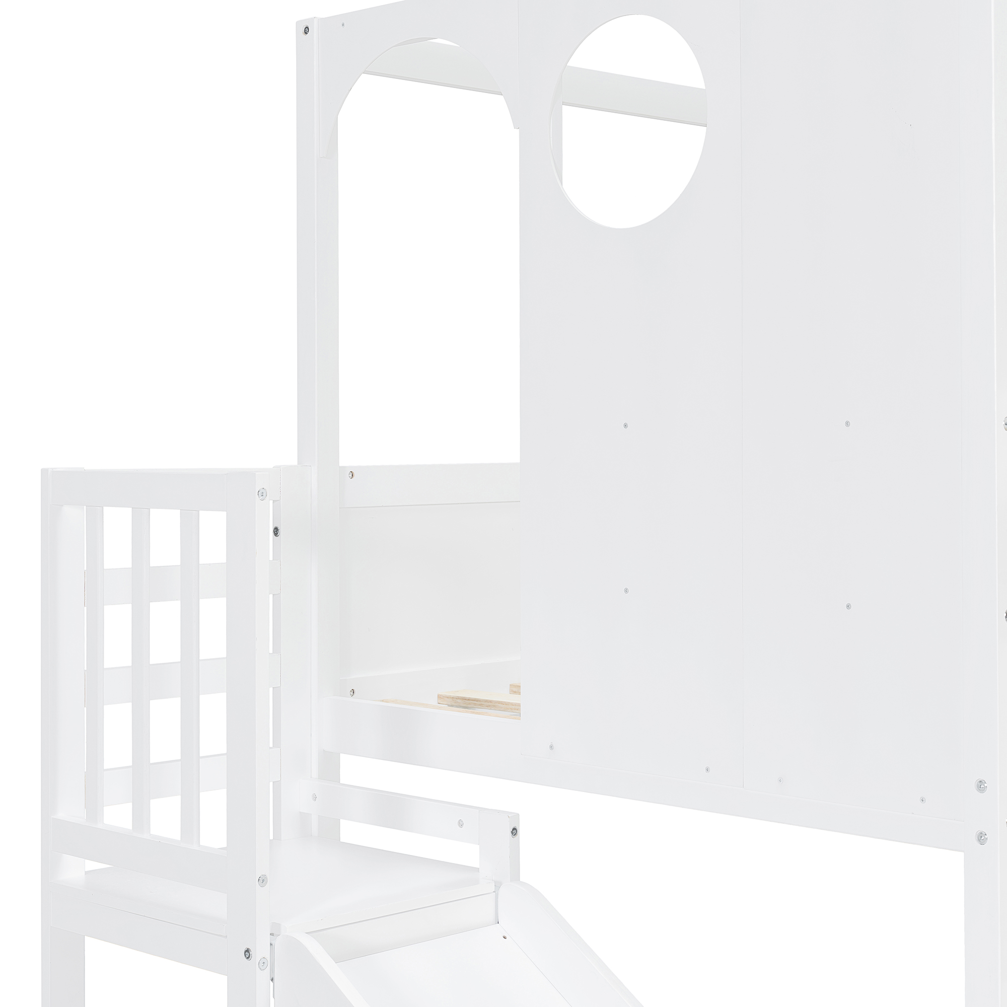 Twin Size Kids Loft Bed With Slide, Storage Shelves And Guardrails