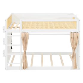 Full Size Bunk Bed with 3-Tier Storage Shelf, Rattan Decor, Privacy Curtains & Lights