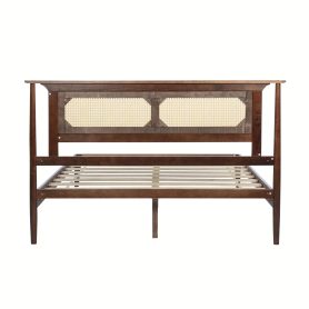 Queen Size Solid Wooden Bed with Rattan Headboard