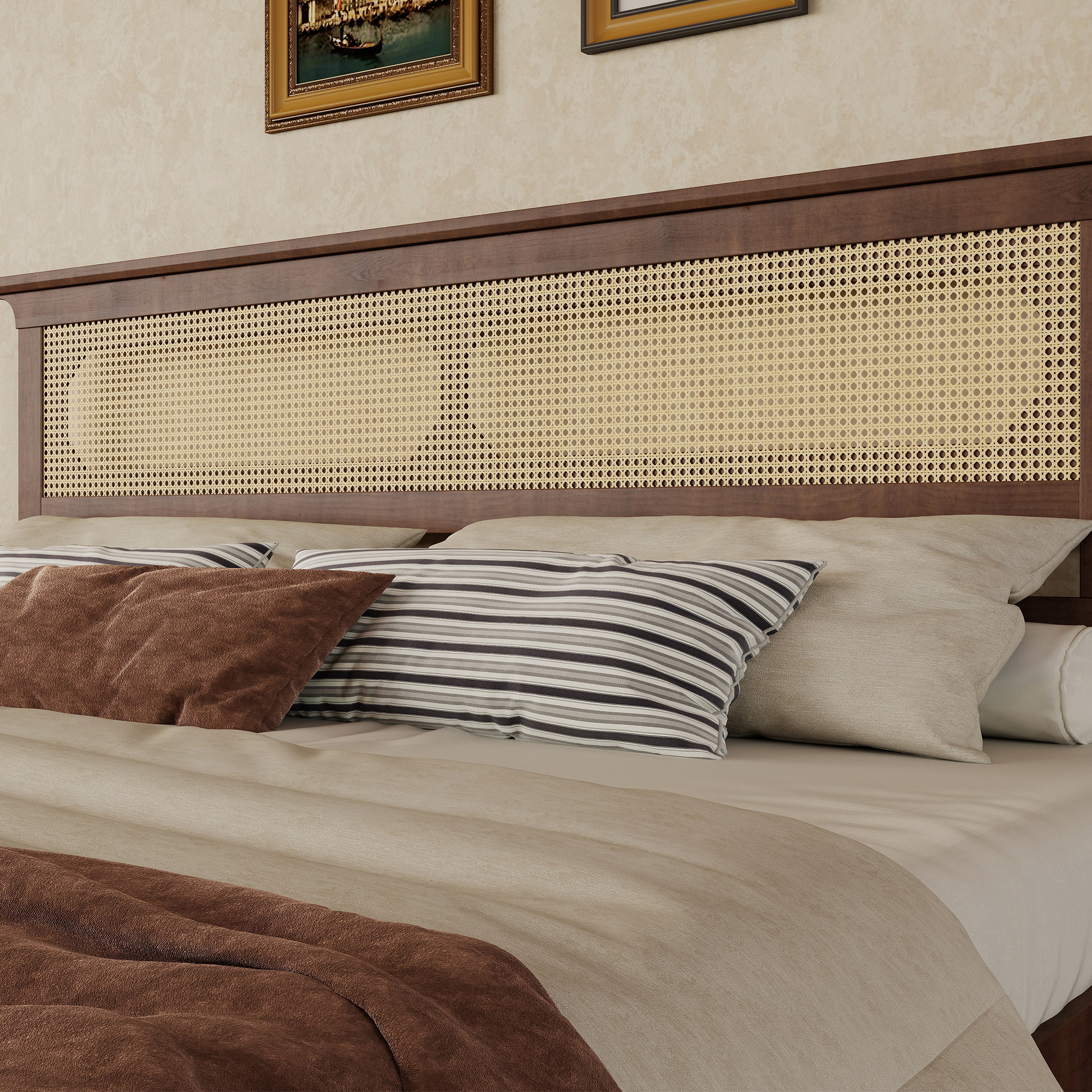 King Size Solid Wooden Bed with Rattan Headboard