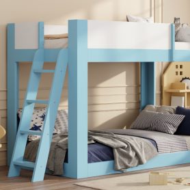 Twin Size Low Convertible Bunk Bed With Reversible Ladder And Safety Guardrails