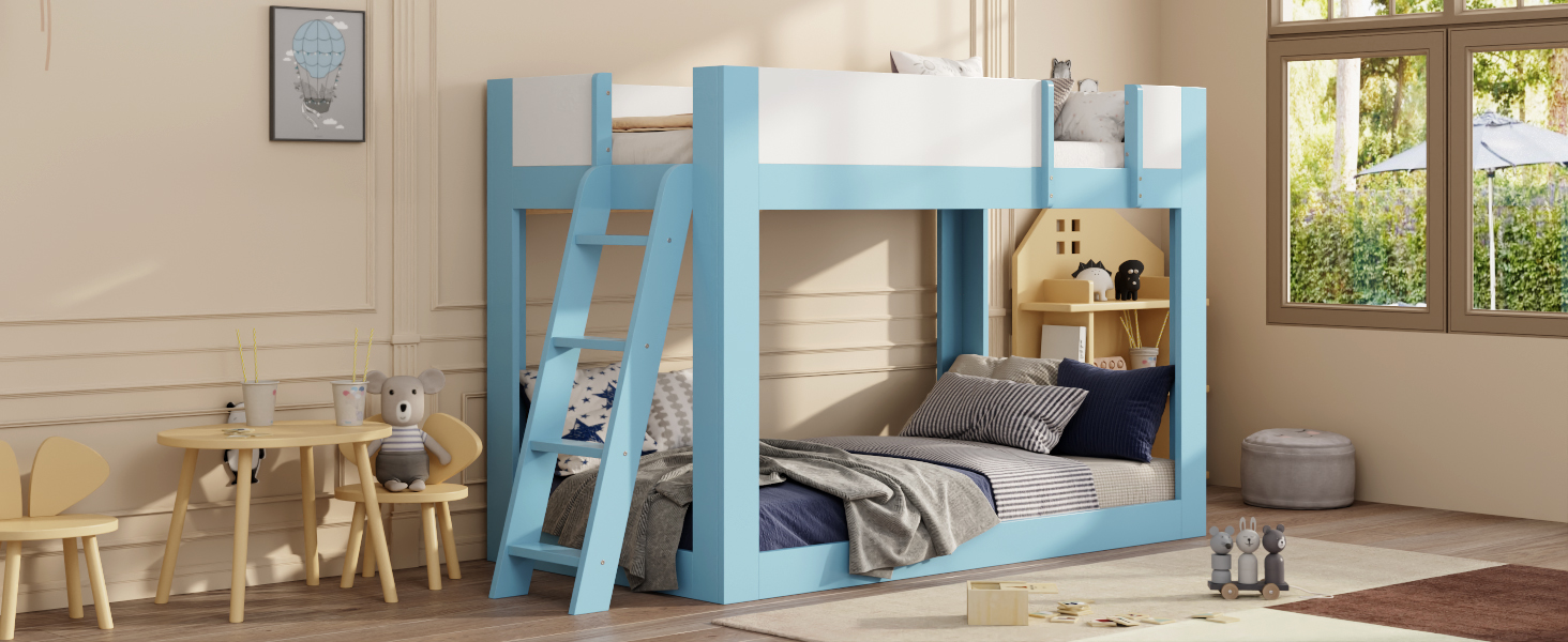 Twin Size Low Convertible Bunk Bed With Reversible Ladder And Safety Guardrails