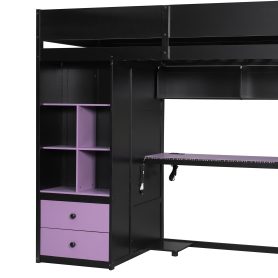 Twin Size Solid Wood Loft Bed with Desk, Storage Cabinet and Wardrobe