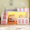 Twin Size Loft Bed with Storage Steps, LED Light, Under Bed Cabinets
