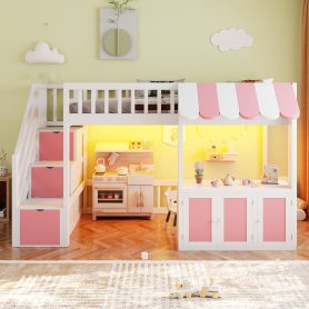 Twin Size Loft Bed with Storage Steps, LED Light, Under Bed Cabinets