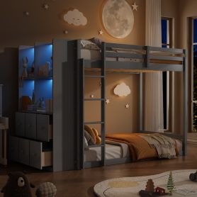 Twin Size Bunk Bed with Drawers, Shelves and Light