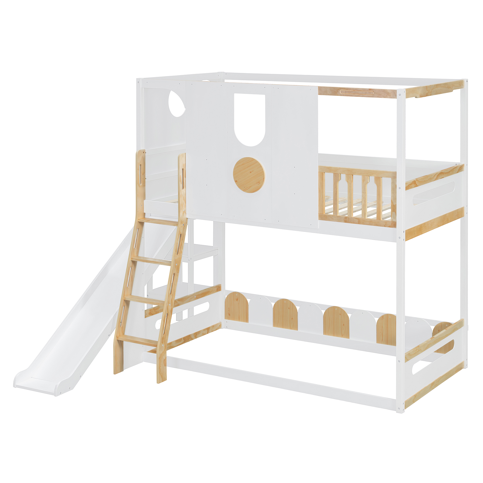 Twin Size Kids Loft Bed With Slide, Storage Shelves And Guardrails