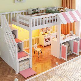 Twin Size Loft Bed with Storage Steps, LED Light, Under Bed Cabinets