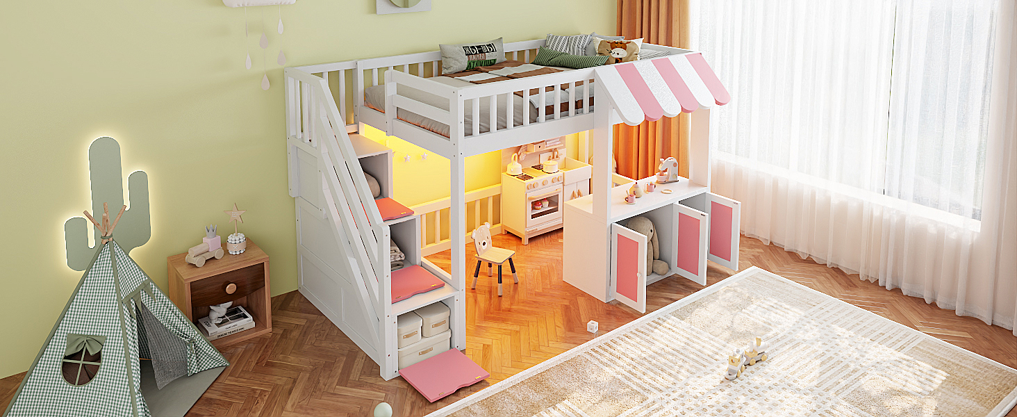 Twin Size Loft Bed with Storage Steps, LED Light, Under Bed Cabinets