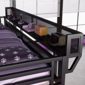 Metal Queen Size Loft Bed With Desk, Charging Station, Stairs And Light
