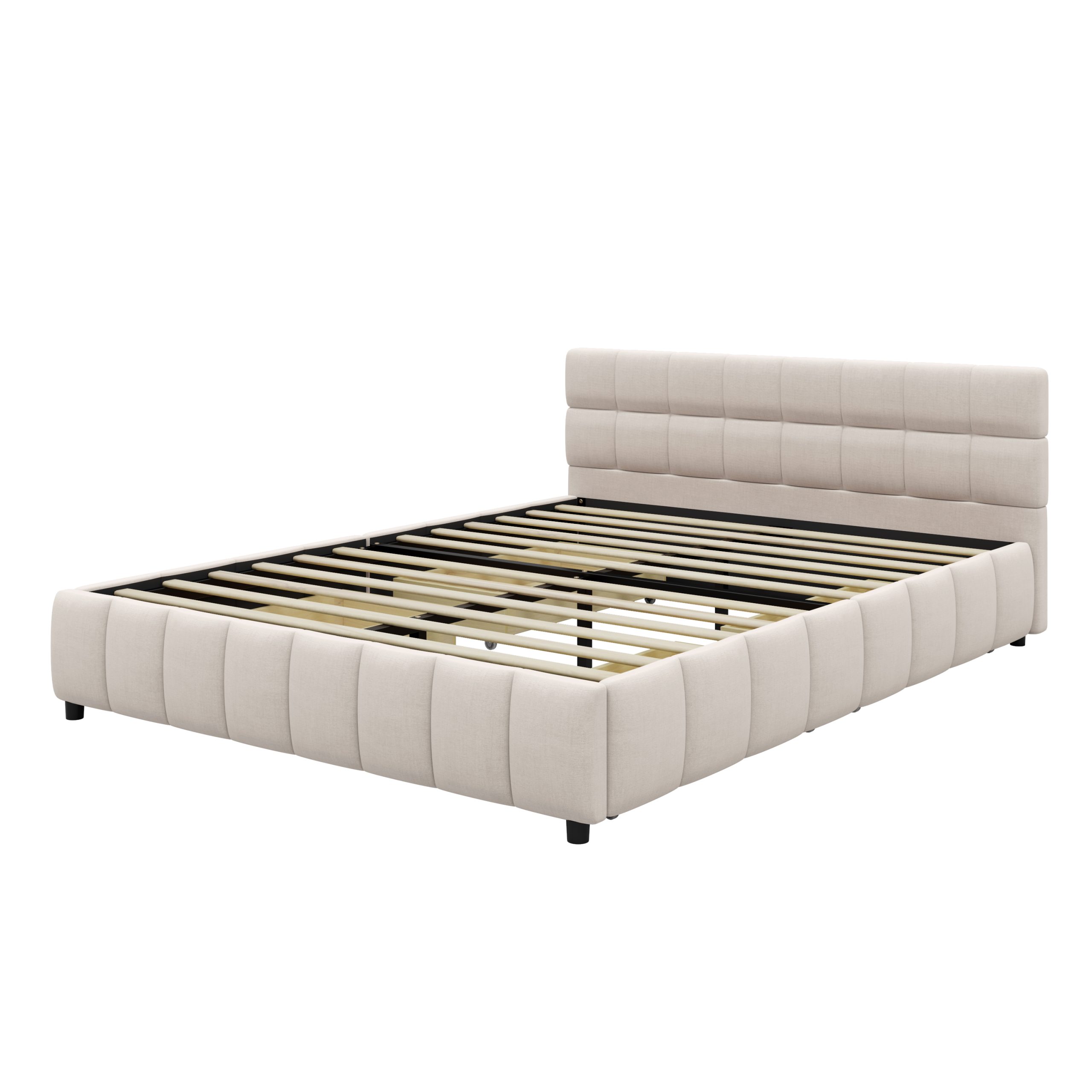 Queen Size Upholstered Platform Bed Frame with 4 Storage Drawers