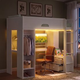 Twin Size Solid Wood Loft Bed With L-Shaped Desk, Storage Cabinet and Wardrobe