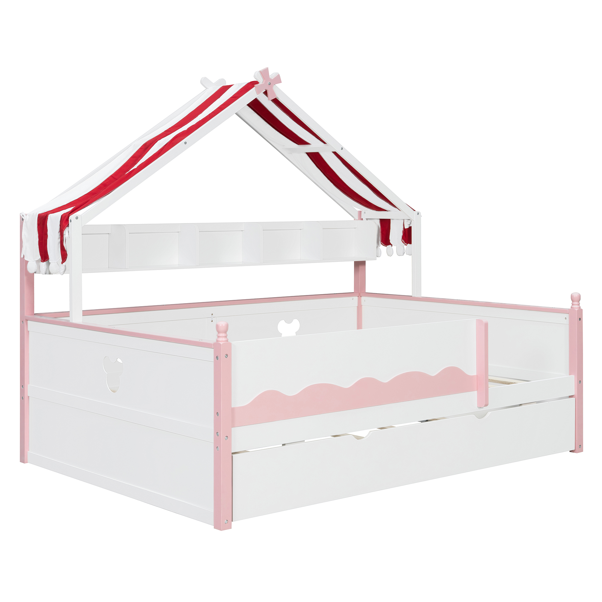 Full Size House-Shaped Daybed with Built-In Bookshelf and Trundle