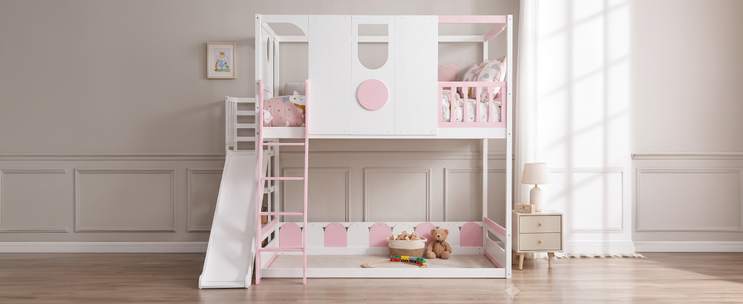 Full Size Kids Loft Bed With Slide, Storage Shelves And Guardrails