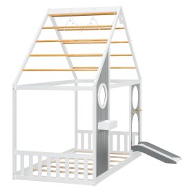 Wooden Playhouse Design Platform Bed with Front Panel and Slide