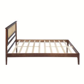 Queen Size Solid Wooden Bed with Rattan Headboard