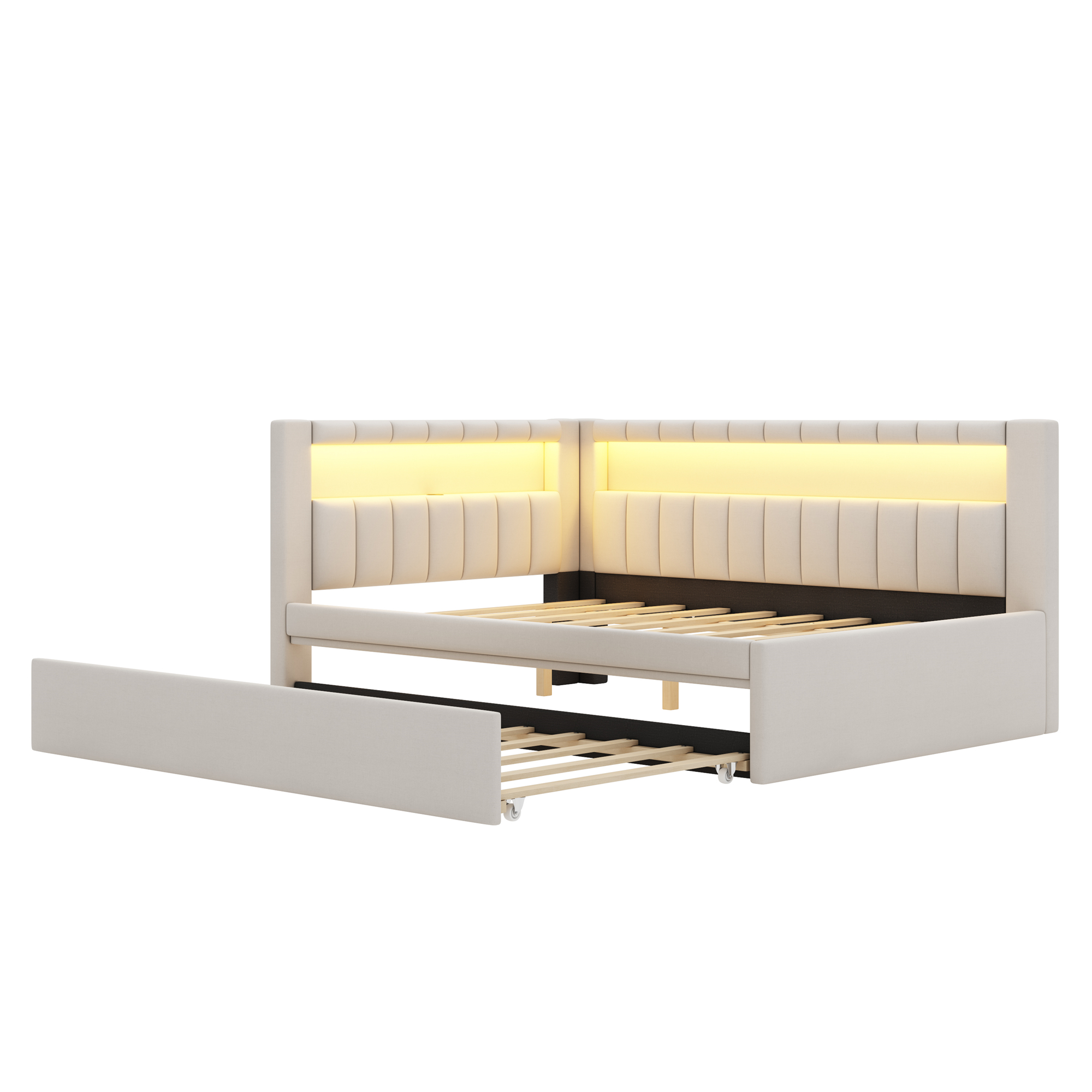 Upholstered Full Size Platform Bed with Trundle, USB Ports and LED Belt