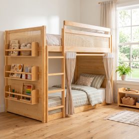 Twin Size Bunk Bed with 3-Tier Storage Shelf, Rattan Decor, Privacy Curtains & Lights